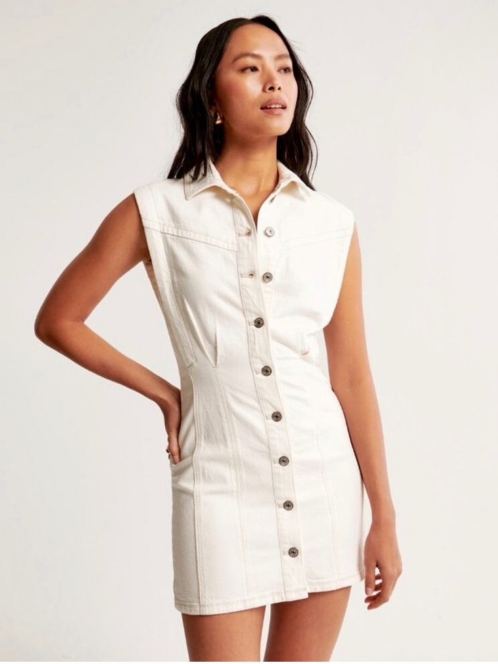 Abercrombie & Fitch Sleeveless Cream Button-Front Mini Dress